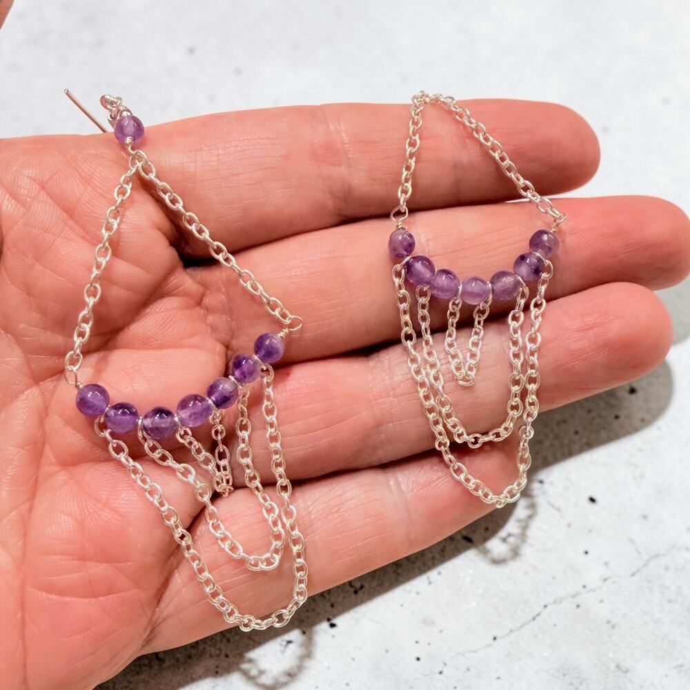Natural Amethyst Chain Daangle 925 Silver Overlay Earrings